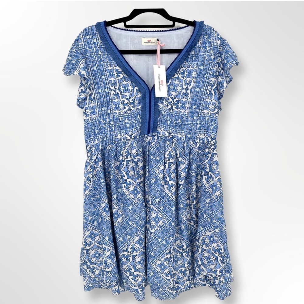 Vineyard Vines Scarf Print Pintuck Mini Dress Blue and White